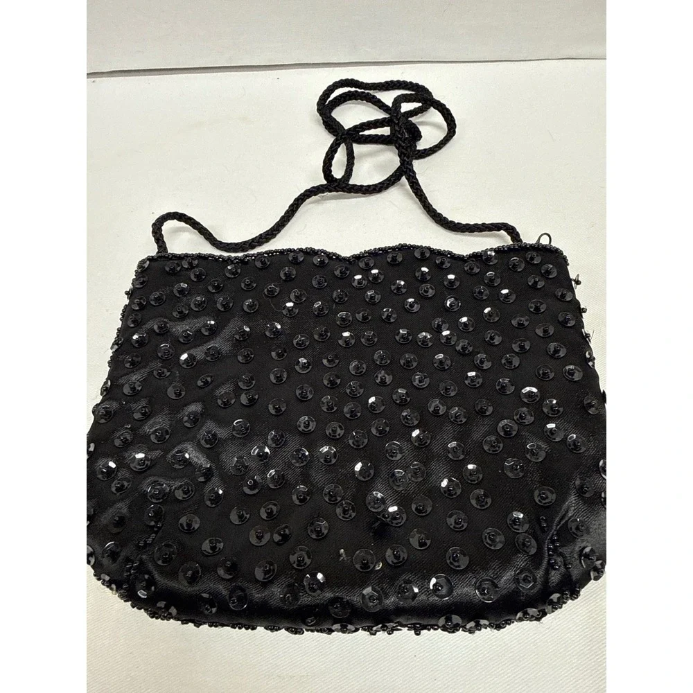 Vintage Beaded Sequin Evening Bag Black Gold Bronze Geometric Mosaic Clutch